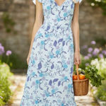 H by Halston NWT H Halston Sleeveless Batik Blossom Angle Blue Ruffled Strap Dress Photo 0