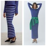 Mango NWT Striped Knitted Midi Skirt Size Medium Blue White Stretch Photo 12