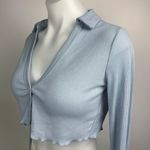Adika Blue Ribbed Knit Snap Button Collared Long Sleeve Crop Top Shirt Blouse XS Photo 3