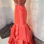 Rachel Allan Rhinestones Cross Halter Ruffle Mermaid Satin Gown pink or salmon c Size 2 Photo 4