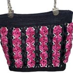 🎓 Pink & Black Striped Purse with Silver Metal Designs Metal Chain Handles Photo 0