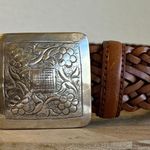 Vintage 90s Tan Woven Weaved Genuine Leather Square Floral Buckle Belt Size SM Brown Photo 0
