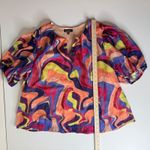 Nicole Miller  Womens Abstract Blouse Sz 3X‎ Colorful Retro V-Neck Puff Sleeve Photo 10