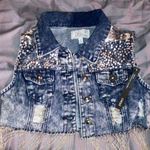 NWT Navy blue distress denim cropped sequence metal chain tassel button down collar vest size Small petite Photo 0