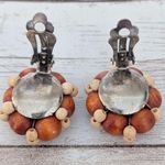 Vintage Clip On Earrings Brown & Tan Wooden Cluster Photo 4