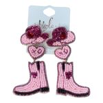Viola Beaded Dangle Earrings Cowboy Hat Heart Boot Pink Western 2.5" New Photo 1