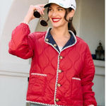 Red Puffer Jacket with White Trim and Quilted Design Size XL Photo 0