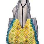 Boutique boho carpet bag textured textile woven beaded fringe tote bag Blue Photo 0