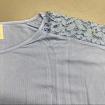 Chico's Lorrine Shirt Top Diamond Blue Lace Detail Short Sleeve Size 1 Med NWT Photo 1