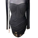 Emprada NWT Large Black Long Sleeve Mini Bodycon Dress Mesh Stretch Ruched Party Photo 5