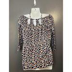 Lucky Brand Shirt Womens Medium Navy Floral Cutout Neck 3/4 Sleeve Boho Photo 3