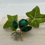 Vintage 60s Rhinestone Flying Insect Bug Brooch Pin Green Gold White Pearl Photo 0