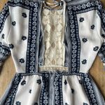 Hallelu  Boho Bell Sleeve Mini Dress Blue White Lace Trim Festival Size S Photo 7