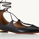 Aquazzura Christy Flat Black Leather Tie Up Lace Ankle Gold Plated EUR Size 35.5 Photo 0