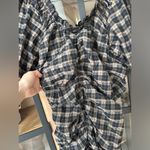 Ganni  Ruched Seersucker Mini Dress Plaid Tan Black beige puff sleeves neutral Photo 5