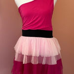 Say What? Vintage Y2K pink black shoulder tiered high school musical ruffle toile dress L Photo 0