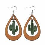 Western ethnic style cactus hollow water drop dangle wooden‎ earrings Tan Photo 0