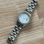 Seiko Solar Ladies Watch Swarovski Crystals Two-Tone Bracelet Pearl Dial Date Photo 6