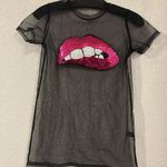 SheIn Hot Pink Sequin Lip Midnight Black Organza Tunic Top Size XS Photo 2