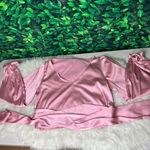 Women's Elegant V Neck Self Tie Knot Long Sleeve Satin Blouse Shirt Top Pink L Size L Photo 9