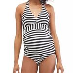 Motherhood  MATERNITY Beach Bump™ Striped Halter One Piece Maternity Swim Sz XL + Photo 0