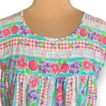 Vintage 80s Dress Colorful Fruit Floral Red Gingham Checkered Tropical Print Blue Size M Photo 1