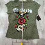 Ed Hardy NWT  women's Anchor Rose Olive T-shirt rhinestoned size medium Photo 5