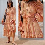 Free People Bohemian Gypsy Tiered Ruffle Maxi Dress Size XL Plunge Billowy Photo 1