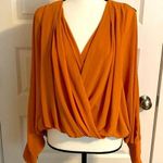 Double Zero | Light caramel V-neck long split sleeve blouse.  Longer, sheer back. Photo 0