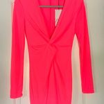 ZARA NWT  Stretchy knotted Dress NEOn pink Long sleeves shoulder pads Zipper Photo 6