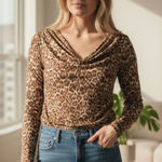 WAYF NWT  X Nordstrom Solano Leopard-Print Cowl-Neck Bodysuit Photo 0