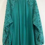 Torrid  Size 3X Crinkle Gauze Lace Bishop Sleeve Blouse V Neck Christmas Green Photo 8