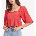 Billabong NWT Top Cross My Heart Smocked Puff Sleeve Cropped Red Juniors M $50 Photo 0
