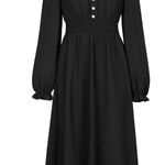 NEW Black Smocked Waist Button Front Long Puff Sleeve Midi Dress Size L Photo 5