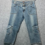 Y2K Women's Cargo Capri Jeans Size 7/8 Low Rise Distressed Pockets‎ USA Blue Photo 0