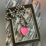 Pink Glittery Glass Heart Necklace on 20” Faux Navajo Silver Pearls Photo 0