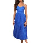 Lulus Chic Sensibility Cobalt Blue Satin Jacquard Pleated Midi cocktail Dress Photo 1