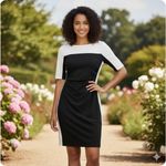 CHAPS Dress Womens Large Black White Colorblock Sheath Ruched Stretch Boatneck Photo 9