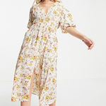 ASOS DESIGN shirred midi tea dress in cream meadow floral print Size US 0 Photo 0