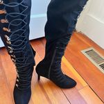 Black Lace Up Thigh High Stiletto Heel Boots Women's Size 7.5 Metal Accents Photo 13