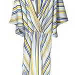Eloquii  Striped V-Neck Bell Sleeve Midi Dress in Blue/Yellow/White Photo 8