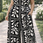 City Chic Black White Botanical Print Smocked Back Wide Strap Jumpsuit Photo 0
