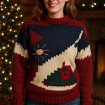 Vintage 80s–90s Greek Wool Holiday Sweater Cabin Scene Cottagecore Red Size M Photo 0