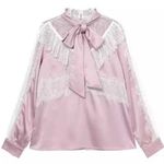 Japanese Swankiss Silky Satin Lace Victorian Cottagecore Pink Blouse Shirt Top Size XS Photo 2