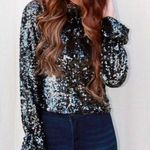 Free People Open Back Black Sequin Mockneck Lined Shirt Top Bell Sleeve XS NWT Photo 2