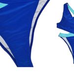 Two Tone Blue Color Block Criss Cross Back Bottom Fabric High Cut Plunge Deep V swimsuit Size Xl Womenswear Photo 3