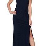 Alex Evenings  Off-the-Shoulder Jersey Gown Slit Maribou Feather Trim Navy 14 NEW Photo 0