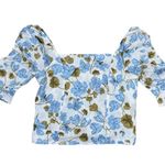 Joie  100% Linen Blue Floral Shirred Sleeve Blouse Top Small Photo 2