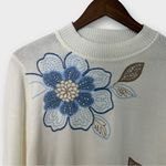 Alfred Dunner  Sweater M White Blue‎ Floral Embroidered Beaded Cottagecore Photo 2