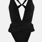 Cupshe NWT Deep Onyx Plunge High Leg One Piece Swimsuit Black Large Photo 8